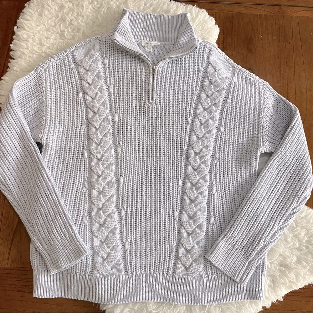 Haven 1/4 Zip Cable Knit Cotton Sweater Coastal Grandma Fisherman Blue Size L